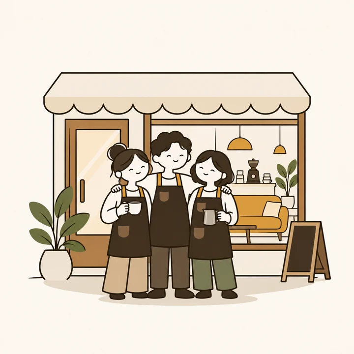 Illustration: three baristas standing proudly in front of their café