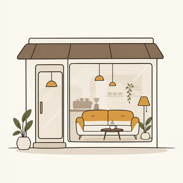 Illustration: a café storefront with a sofa in the window